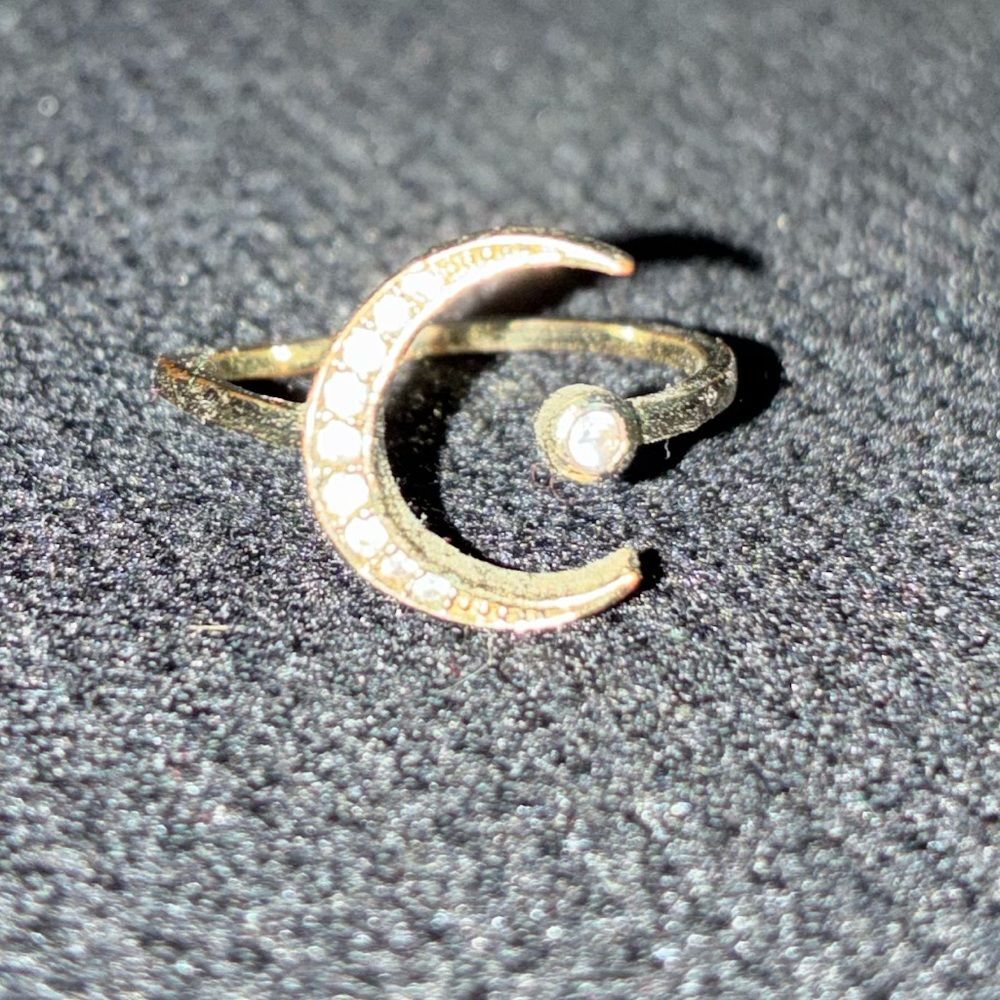 Gold Crescent Moon Ring with Crystal Accent